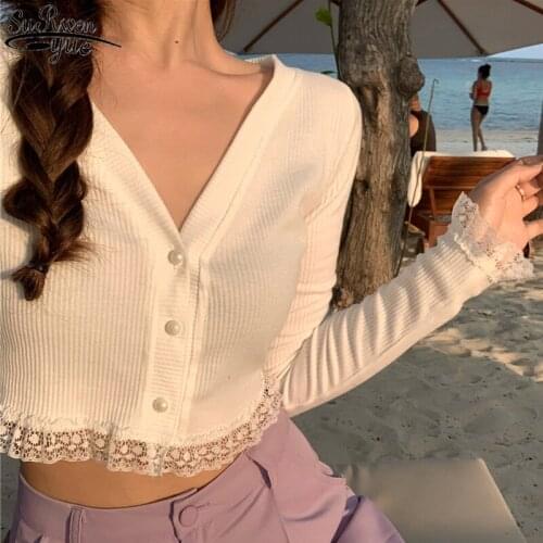 Summer 2021 Fashion Slim Fit Ladies Tees Lace Patchwork Knitted T Shirts Women Sexy V Neck Long Sleeve Female Tops 10373