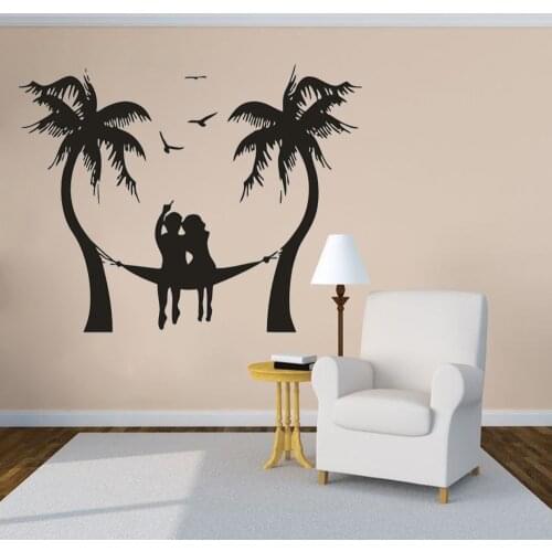 Sea Palms Tree Wallpaper Sea Gull Wall Art Mural Lover Sitting Silhouette Wall Decal Romantic Becah Home Decoration AZ121