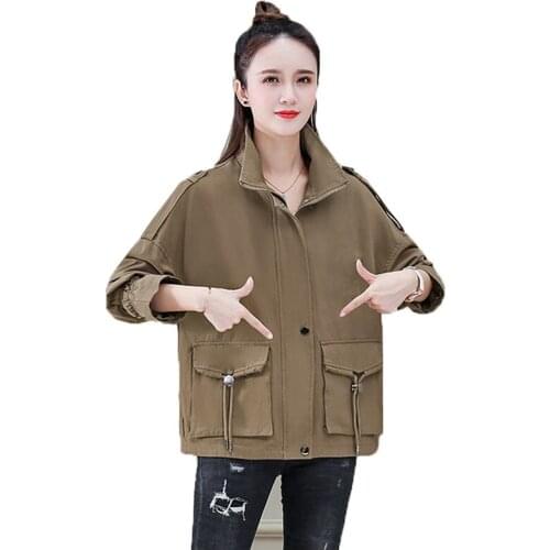 New 2021 Womens Jacket Mid Long Spring Autumn Chic Large Size Short Female Outerwear Zipper Big Pocket Ladies Tooling Coats