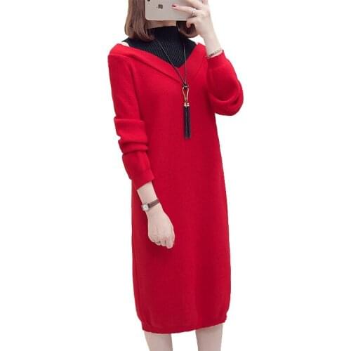 Autumn Winter knit Sweater Dress Women fashion Mid-length Sweater knit red Dress Ladies Fake two Vestidos Pullover Dresss T370