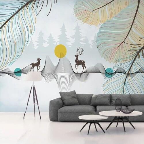 Custom Mural Wallpaper Modern 3D Feather Tree Couple Elk Abstract Line Wall Painting Childrens Room Background Wall Paper Decor