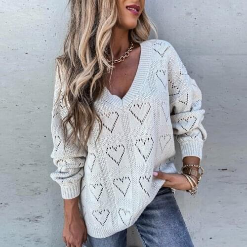 Casual Strapless Ladies Knitted Sweater Autumn Winter Long-sleeve Hollow Deep V Pullover Spring Diamond Sunken Loose Clothes2020