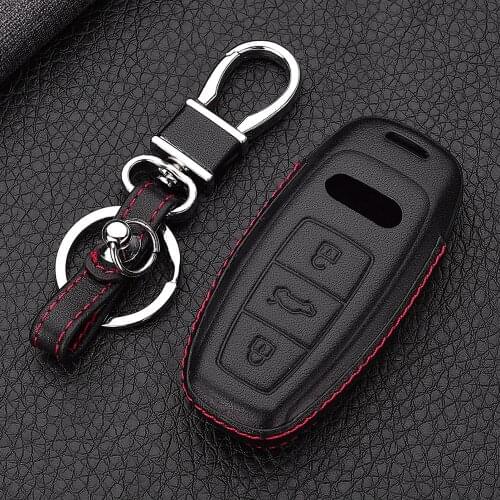 High Quality Car 4D Genuine Leather Key Case Cover Holder Chain For AUDI A8 Q8 A6 A7 2019 Accessories