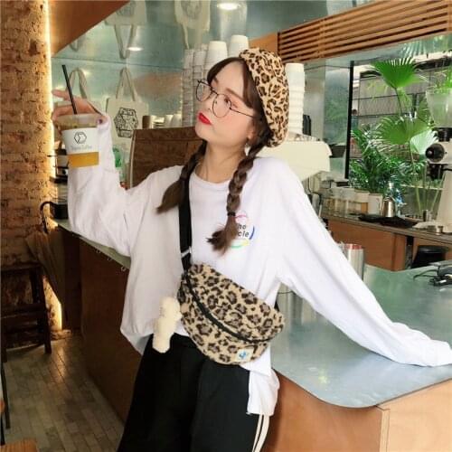 Youda Autumn Winter New Fashion Large Waist Bags for Women Mobile Phone Money Fanny Pack Belt Bag Leopard Print Plush Packet
