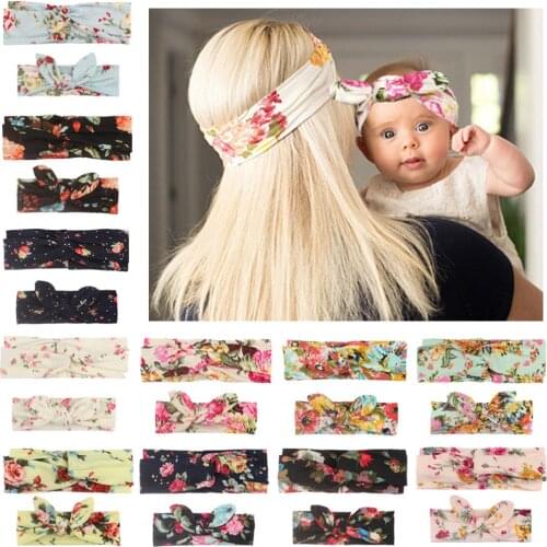 Yundfly 2pcs/set Hot Adult with Baby Flower Print Knotted Headwrap Set Mom & Me Cross Bowknot Headband Set Photo Props