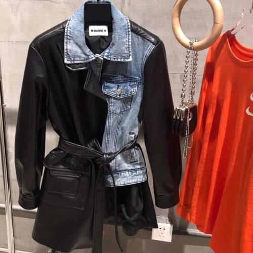 Women genuine ladies leather real lambskin jacket splicated with jeans