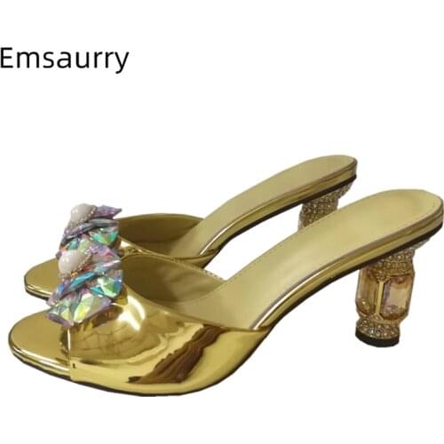 Crystal Diamond Heel Fashion 2021 Sandals Women Bright Patent Leather Jeweled Rhinestone Heel Outwear Lazyman Mules