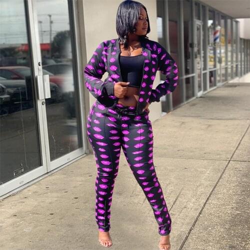 Mouth Printed Womens Two Piece Tracksuit Zipper Up Long Sleeve Jackets and Pencil Legging Autumn Winter Fitness Club Outfits