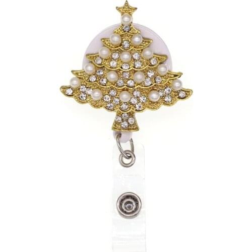 10 pcs/lot Free Shipping Golden Christmas Tree Rhinestone Retractable Id Badge Holder Reel