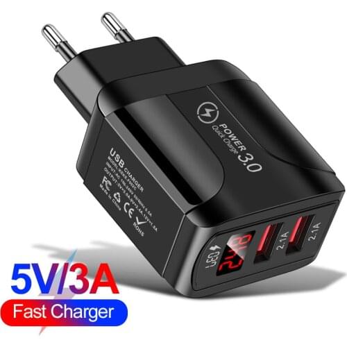 2USB EU/US/UK Plug LED Display Travel Wall Quick Charge 3.0 3A Fast Charging Adapter For iPhone 12 Pro Max Xiaomi Tablet Charger