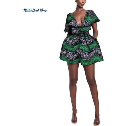 African Women Clothes Dashiki Ankara Print Romper Jumpsuit African Women Clothing Bazin Riche Sexy V Neck Short Pants WY9068