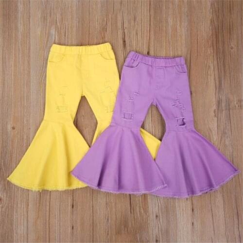 2-7 Y Spring Autumn Toddler Kids Baby Girls Denim Bell-Bottoms Pants Girls Elastic High Waist Ripped Hole Jeans Trousers Pants