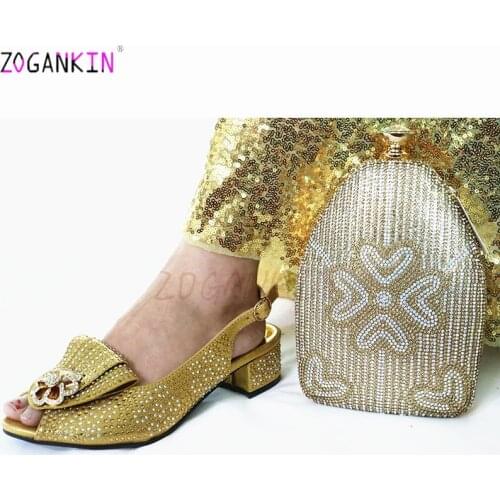 Gold High Quality Woman Luxury Crystal Shoes And Purse Set For Party Nigerian Rhinestone High Heels Wedding Shoes And Bag Set