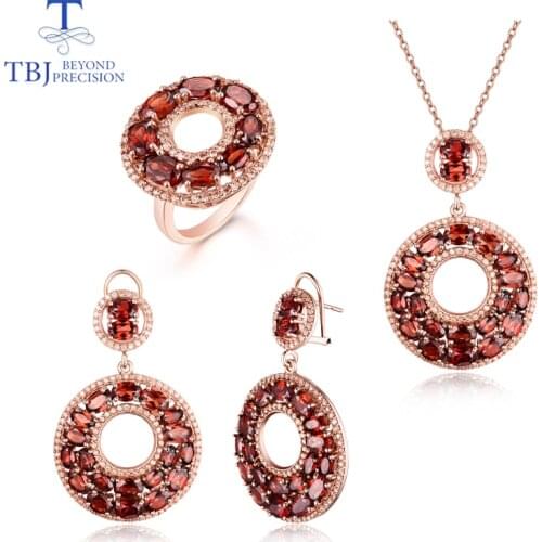 Natural mozambique garnet gemstone big size set jewelry 925 sterling silver fine design pendant earring and ring for women gift