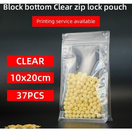 10x20cm 37pcs block bottom stand up pouch with zipper clear plastic laminated zip lock flat bottom quad seal rice seed food bag