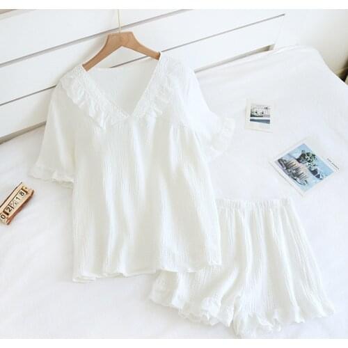 Summer 100% Cotton Gauze Japanese Ins Style Pajamas for Women Short-sleeved Shorts Thin Two Piece Set V-Neck Solid Home Clothes