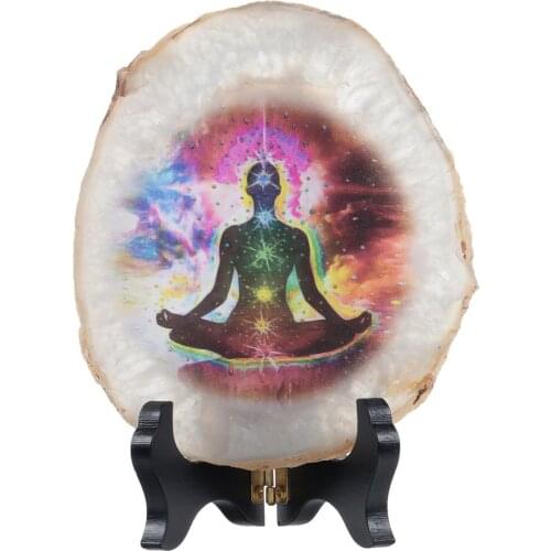 TUMBEELLUWA Irregular Natural Agate Slice Ornaments With Wooden Stand Base Healing Reiki Chakra Stone Yoga Meditation Room Decor