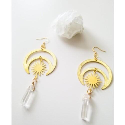 Witch Crescent Moon Sun Crystal Quartz Dangle Earrings Celestial Jewelry Occult Wiccan Gift