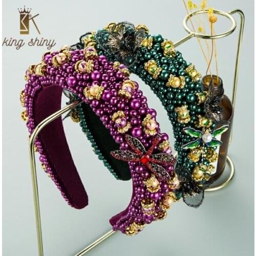 Luxurious Baroque Full Color Pearl Headband for Woman Elegant Rhinestone Dragonfly Hairband Female Party Hair Accessory Headwear