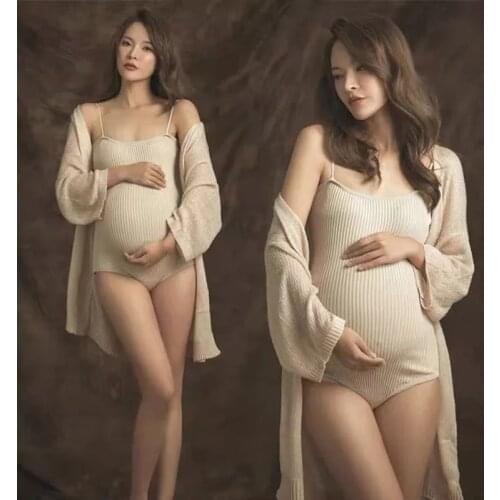 Sexy Maternity Bodysuits & Robe Set Knitted Spaghetti Stretchy Maternity Photography Bodysuits Pregnancy Photo Shoot Jumpsuits