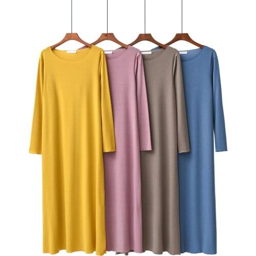 Spring Summer New Womens Knitted Cotton Solid Color Nightdress Korean Casual Plus Size Loose Long-sleeved Multicolor Home Skirt