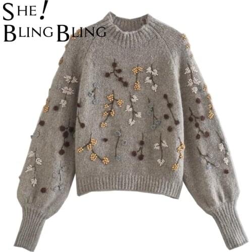 SheBlingBling Spring Women Vintage Korean Long Sleeve Pullover Chic Flowers Beaded Fashion Harajuku Knitted Sweater Keeps Warm