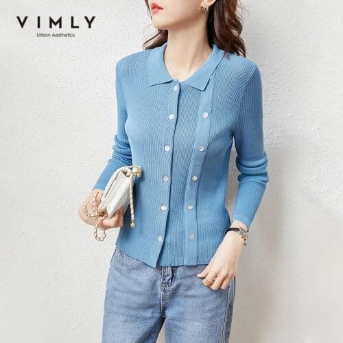 Vimly Sweaters For Women Spring New Office Lady Solid Turn-down Collar Slim Fit Single Breasted Female Cardigan Tops F6632