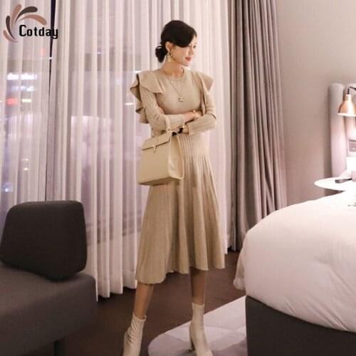 Cotday Full Sleeve 2021 New O-Neck Ruffles Vintage Spring Grace Jersey Autumn And Winter Clothes And Flyers Pleats Knit Dress