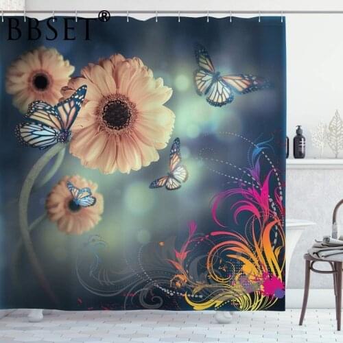Butterfly Shower Curtain Butterflies Flying Among The Flowers Pattern Waterproof Multi-size Douchegordijn Bathroom Decor