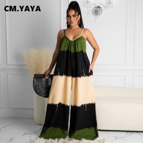 CM.YAYA Women Jumpsuit Print Sleeveless Strap V-neck Loose Long Maxi Jumpsuits Casual Fashion One Piece Overalls Summer Outfits
