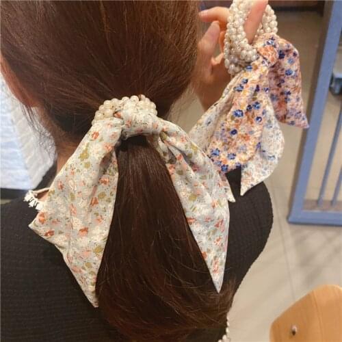 Imitation Pearls Hair Ring Version Of The Pastoral Print Polka Dot Silk Scarf Chiffon Pearl Korean Hair Ring Ladies Hair Rope