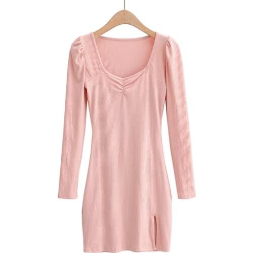 Spring and Autumn New Street Fashion V-neck Long Sleeve Slim Puff Sleeve Split Dress Women, Solid Color Tight Base Dress Women