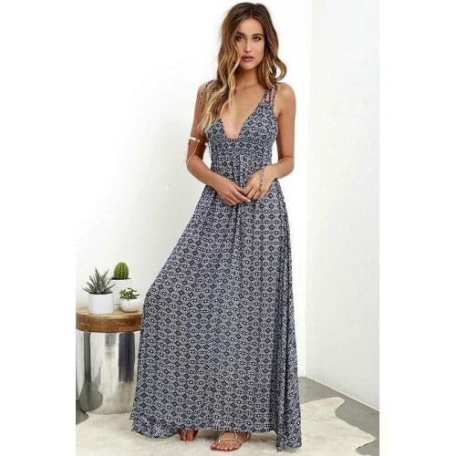 ZITY Hot Women Spaghetti Strap Print Summer Dress V -Neck Boho Backless Long Maxi Dress Beach Holiday Party Women Vintage Dresse