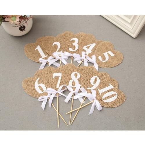 10Pcs Vintage Wedding Rustic Hessian Burlap Heart Shape Number Table Place Numbers Topper Stand Party Decoration Favor