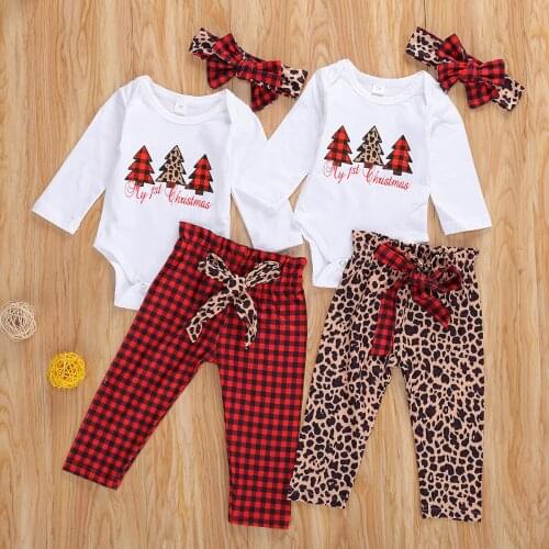 2020 Newborn 0-12M Baby Girl Christmas Clothing Xmas Trees Print Long Sleeve Romoper+Bow Plaid/Leopard Long Pants 3pcs Outfits