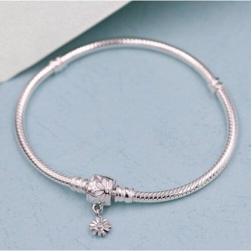 Spring Moments Snake Chain Bracelet with Daisy Flower Clasp 925 Sterling silver Bracelets for women fit charms beads DIY Jewelry