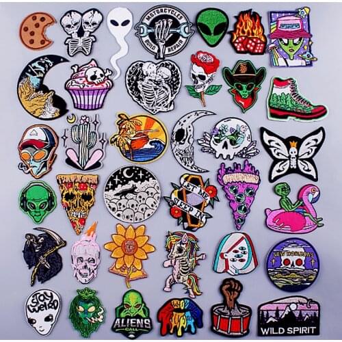 Punk Skeleton Skull Patch Flower Alien Patch Iron On Patches On Clothes Sewing Applique Embroidered Patches For Clothing Sticker