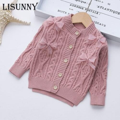 Fashion Ribbon Bow Child Cardigan Girls Sweater 2021 Autumn Winter Toddler Knitted Coat Kids Children Jacket Baby Clothes 12M-5T