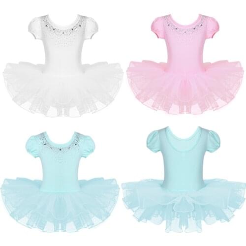 Kids Girls Mesh Short Bubble Sleeves Round Neckline Elastic Waist Sparkly Rhinestones Ballet Dance Gymnastics Leotard Dress