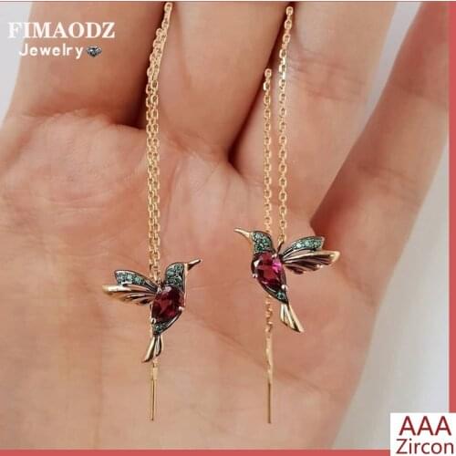 FIMAODZ Humming Bird Earrings For Women 2 Style Rhinestone Hummingbird Long Tassel Drop Earrings Trendy Jewelry