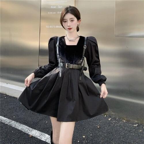 FONELY FAIRY Womens Vintage Fashion Designer Pleated Velvet Patchwork Dress + Belt Vest Two-Piece Suit