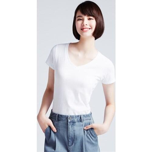 MRMT 2021 Brand New Womens T-shirt Pure White V-collar Short Sleeve Loose T-shirt for Female Pure Cotton Bottom Tops Tshirt