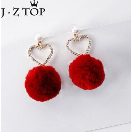 JZTOP Cute Heart fur Ball Earrings Crystal Imitation Pearl Winter Big Stud Earrings Woman Fashion Boucle D'oreille Jewelry