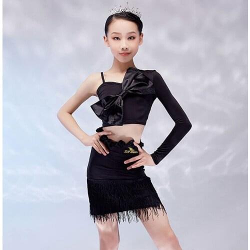 New Girlss Latin Dance Costumes Black Tops Fringed Skirt Latin Dancing Practice Performance Outfits Samba Rumba Clothes VDB3404
