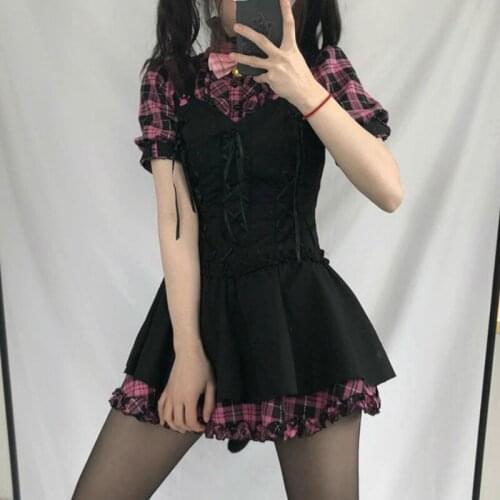 HOUZHOU Summer Dress Women Kawaii Plaid Lolita Dresses Sweet Pink Patchwork Bow Y2k Sundress Sexy Fashion Short Sleeve Robe