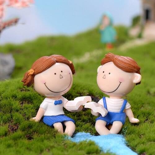 Cute Girl Boy Couple Sit Down Bench Figurine DIY Miniature Landscape Decoration Valentines Day Present Couple Souvenirs