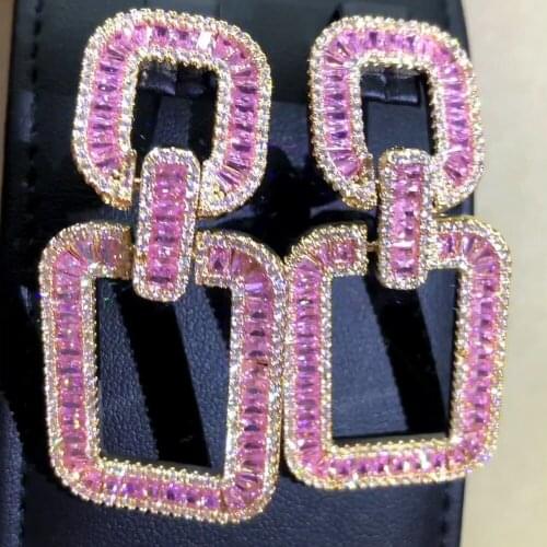 Missvikki Gorgeous Trendy Pink Purple Big Square Earrings for Noble Women Bridal Luxury Wedding Earrings Jewelry Ladies Daily