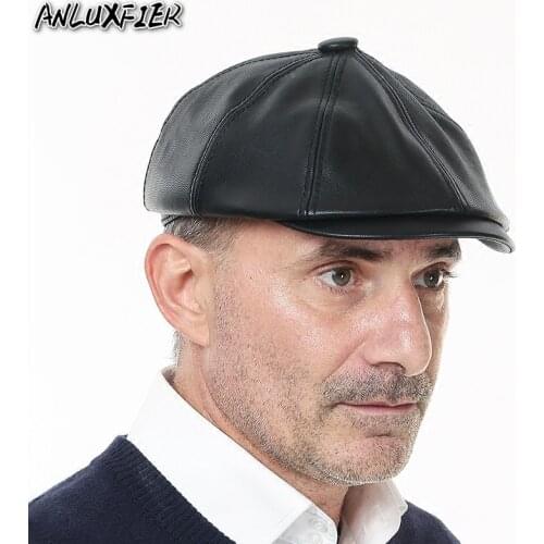 B-8655 Mens Fashion Fur Hat Students Black Leather Octagonal Hats Middle-aged Visors Cap Mens Winter Warm Painter Caps