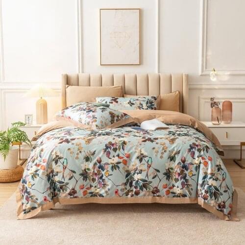 Floral Birds Watercolor Leaves Flowers Art Print Duvet cover set 4Pcs 100%Egyptian Cotton Bedding set with Bed Sheet 2Pillowcase