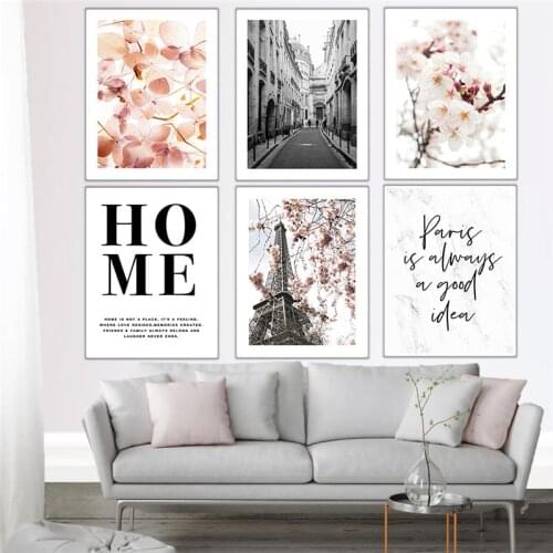 Pink Flower Poster Wall Art Canvas Painting Scandinavian Scenery Quote Picture Modern Home Decor Print for Living Room Design